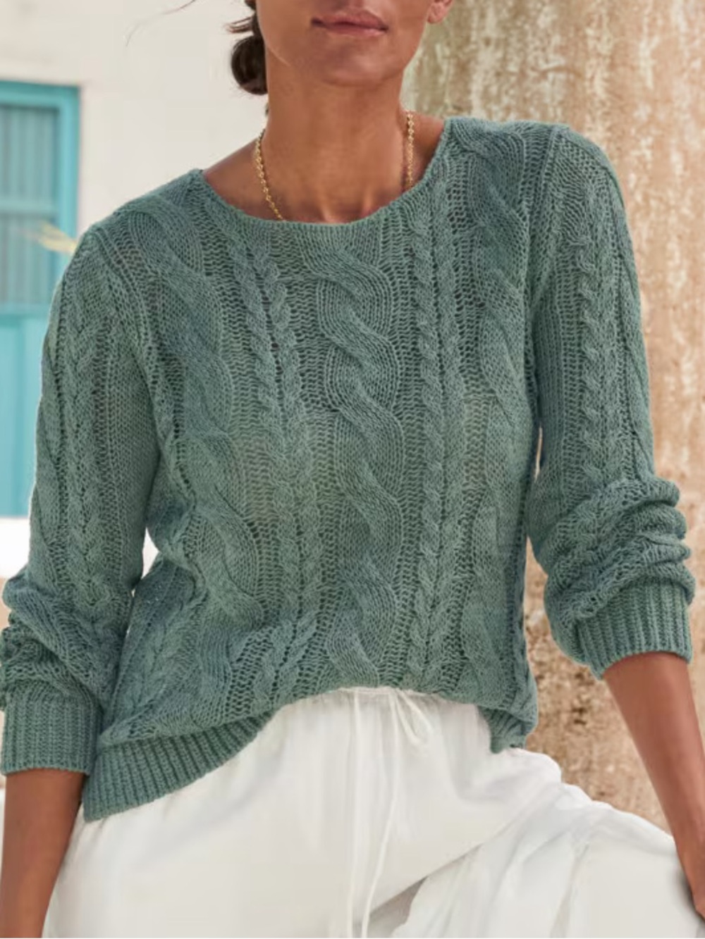 Garnet Hill Linen & Organic-Cotton Cabled Pullover Sweater Green XL